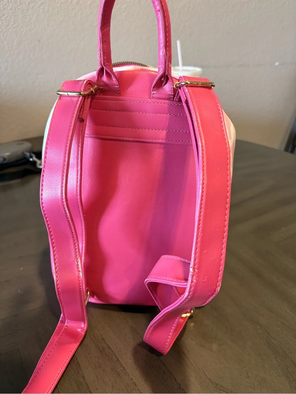 Girls Pink Cow Print Mini Backpack with Strawberry Charm